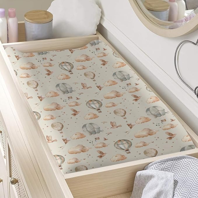 Hot Air Balloon Clouds Birds Baby Changing Pad Cover, Unisex Hot Air Balloon Nursery Diaper Changing Table Pad Mat Sheet for Boys Girls-16x32