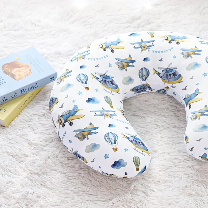 Nursing Pillow Cover, Breastfeeding Pillow Cover for Baby Girls Boys, Soft Stretchy Nursing Pillowcase for Infant Newborn, Removable Slipcover for Nursing Pillows, Blue Airplane(Only Cover)