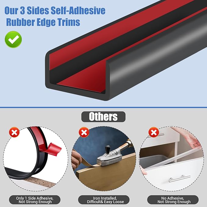 Big Size Rubber Edge Trim, 2-1/2 inches Self-Adhesive U Channel Edge Protector for Woods, Flexible U Shaped Peel and Stick Edge Banding, Edge Guard, Fit 2.5"(63mm), 10Ft, Black