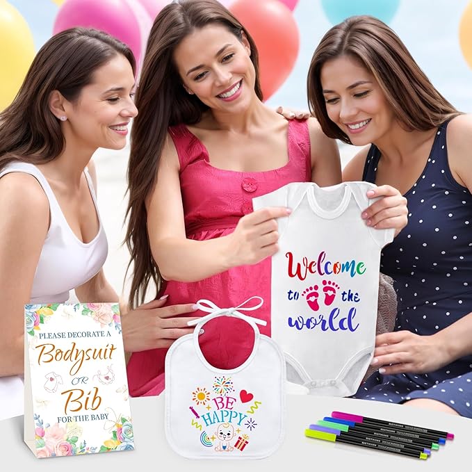 Bibs Bodysuits Baby Shower Game Sign Set Newborn Onesies Feeder Gift Fabric Marker Stencils Kit