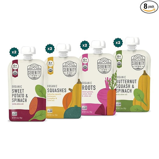 Serenity Kids 6+ Months Pureed Veggie Baby Food Pouches - USDA Organic Baby Food Stage 1 Puree - Organic Allergen-Free Toddler Snacks - On-the-Go Toddler Pouches - 3.5 Oz, Pack of 8