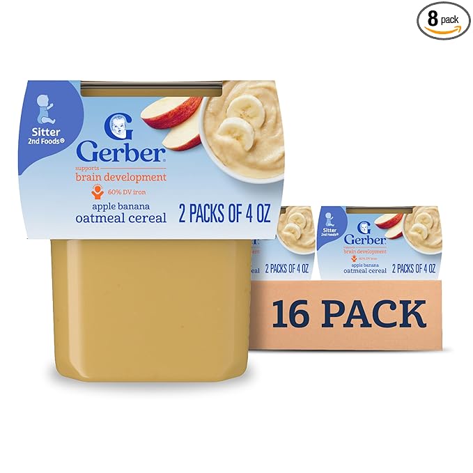 Gerber Stage 2 Baby Food, Apple Banana Oatmeal Cereal Tubs, Iron Helps Support Brain Development, No Added Colors or Flavors, Baby Oatmeal, 16-Pack