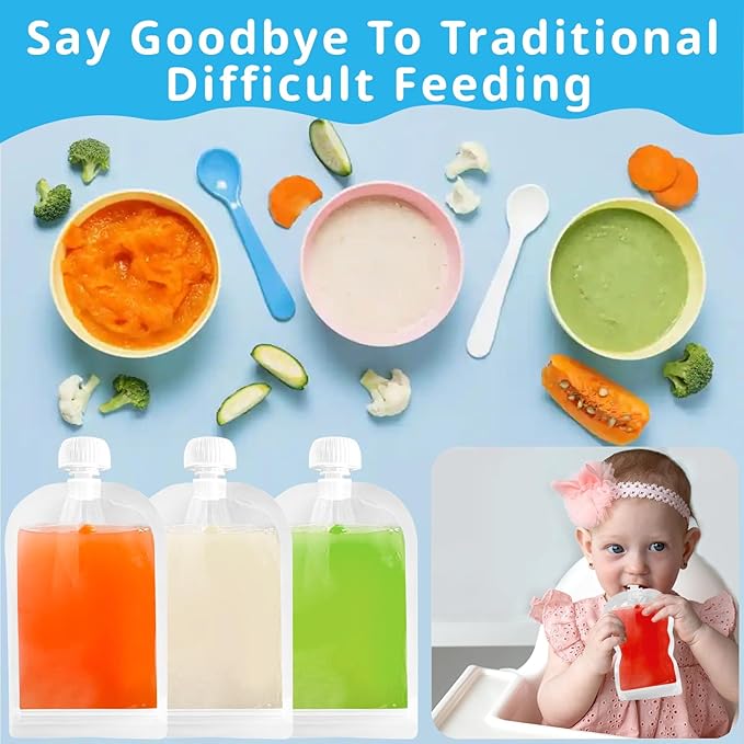 Newmemo 6PCS Reusable Baby Food Pouches Filler Kit Baby Food Pouch Maker for Applesauce Yogurt Smoothie Refillable Fruit Puree Pouch Filling Station Portable Juice Puree Squeezer Storage Bags for Todd