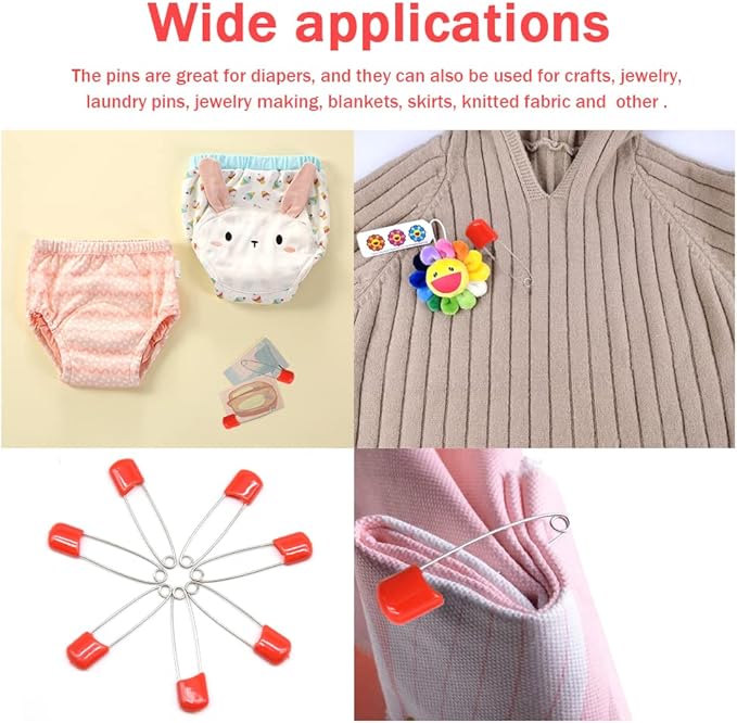 50 PCS Safety Pin 54mm/2.2in Baby Diaper Pins for Cloth Plastic Head Baby Pins for Diapers Stainless Steel Cloth Pins with Locking Closures Nappy Pin for Crafts（DT/Red）