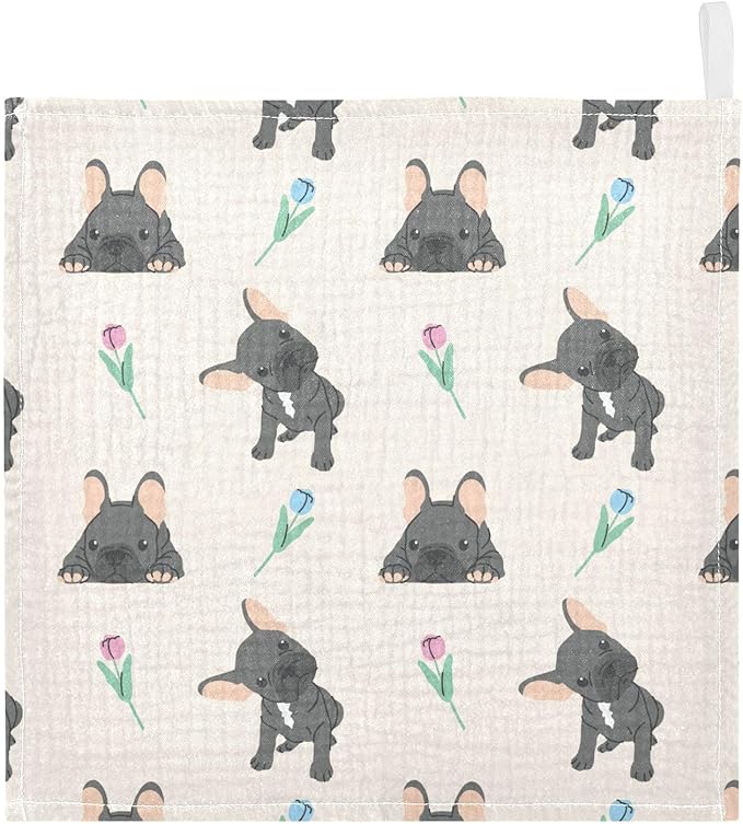 vvfelixl Baby Cotton Washcloths Black French Bulldog Infants Bath Towel for Unisex Face Towels for Newborn, Natural Baby Wipes Delicate Skin, 11.8 X 11.8 inch, one sizex5
