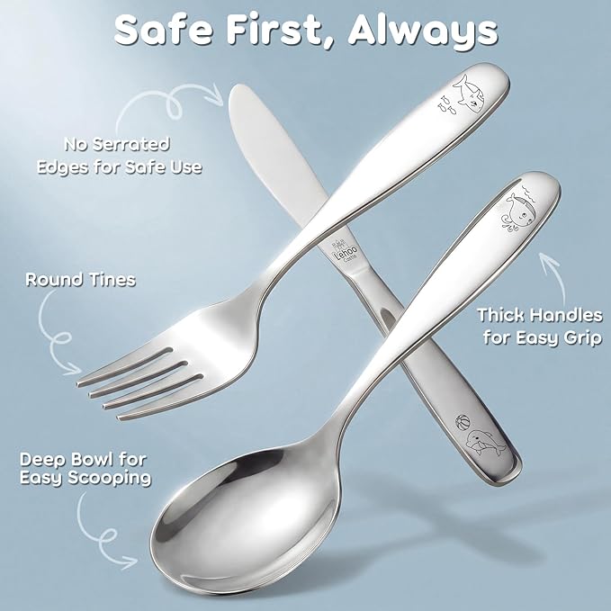 Lehoo Castle Toddler Silverware 6-Piece | Stainless Steel Toddler Utensils, Kids Silverware Children Safe Flatware for Self Feeding (Ocean Park)