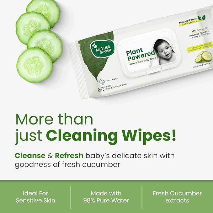 Mother Sparsh Natural Care Baby Wipes I 100% Plant Made Fabric From Forest Land, Fresh + Cleanse (with Cucumber) Plant Powered Wet Wipes For Baby I Cotton Cloth Like Bigger Sheets