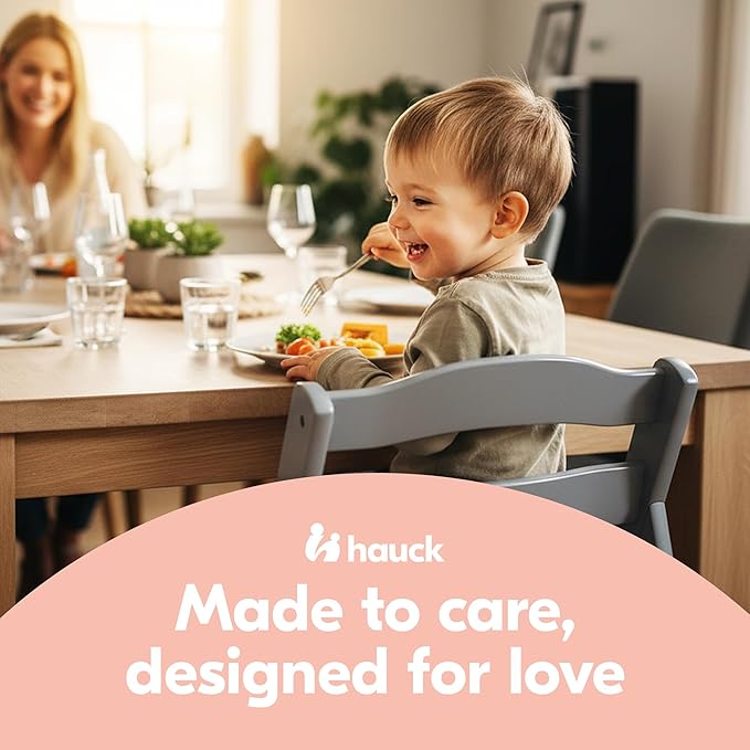 hauck Alpha+ Grow Along Seat Solid Beechwood Booster Chair with Adjustable Seat, 5 Point Safety Harness, & Bumper Bar for Infants & Toddlers, Grey