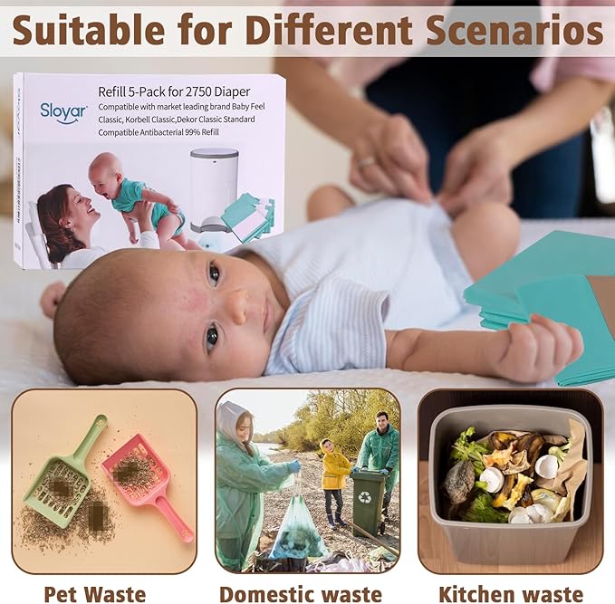 Sloyar Refills Compatible with DEKOR CLASSIC Diaper Pails/5 Pack/Versatile and Functional/Suitable for Seniors and Infants/Baby Powder Fragrance/Holds up to 2750 Diapers