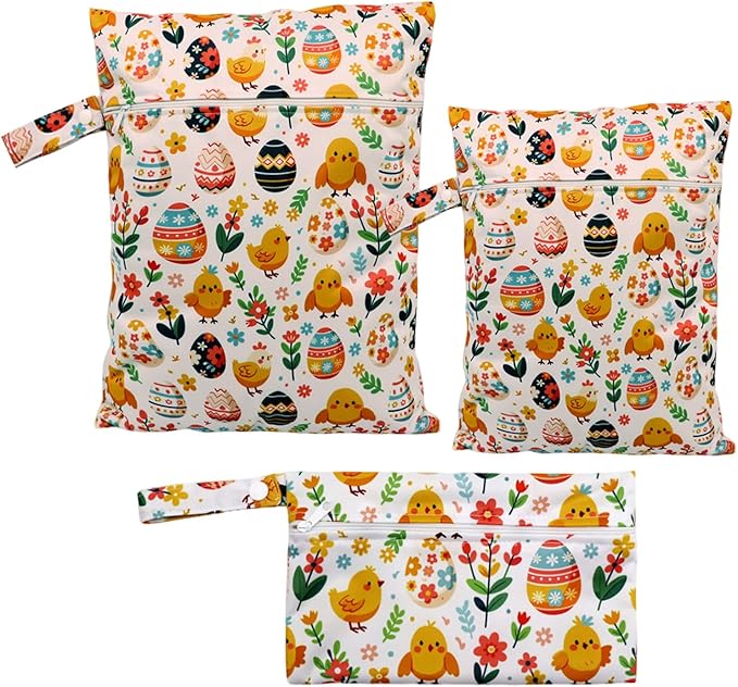 3pcs Cloth Diaper Wet Dry Bags Waterproof Reusable with Two Zippered Pockets Travel Beach Pool Daycare Soiled Baby Items Yoga Gym Bag for Swimsuits or Wet Clothes (PENGUIN)