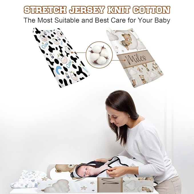 Custom Name Changing Pad Cover - 2 Piece Customizable Brown Bear Changing Pad Cover - Cotton Toddler Baby Pee Pad for Diaper Changing Table Nursery Protector