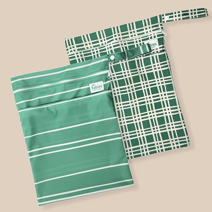 2-Pack Wet Bags – Waterproof Travel Bags for Cloth Diapers, Baby Essentials & Swimwear – Reusable Wet Dry Bag with Double Zipper & Handle for Diaper Bag & Beach Trips (Forest Mist)