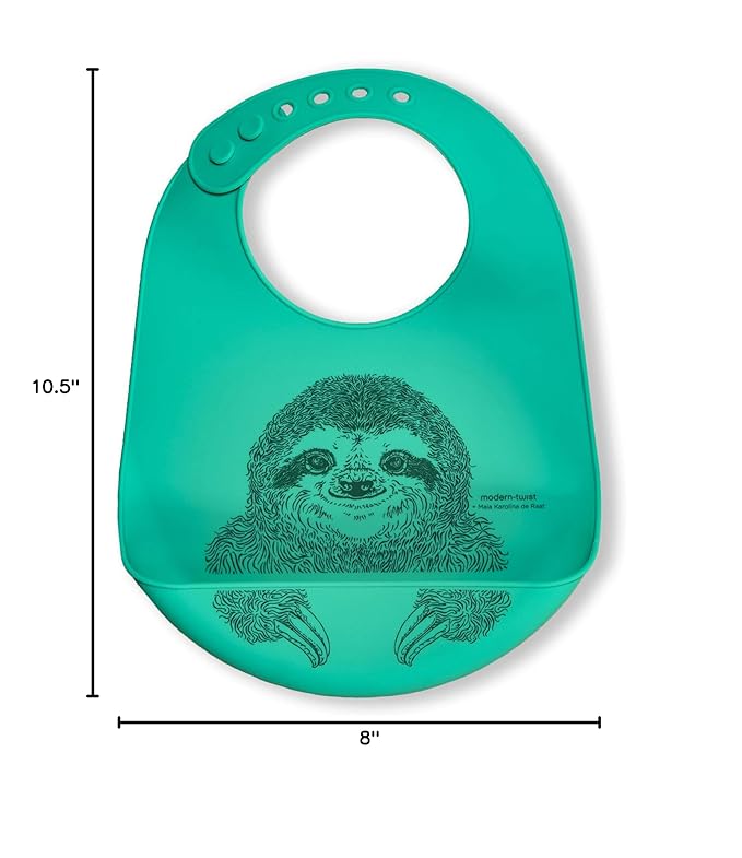 modern-twist Bucket-Bib 100% Food-Grade Silicone, Waterproof and Reusable, Sloth – Jungle Green