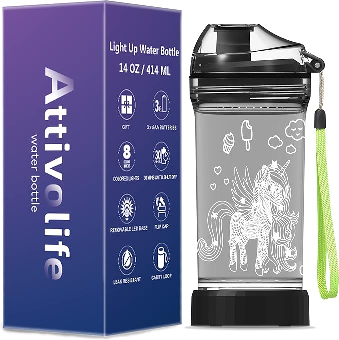 Attivolife Unicorn Water Bottle, Light up Cup for Kids Time Marker with 7 Color Changing LED Light - 14 OZ BPA Free - Unique Travel Cup Drink Day Gift for School Kid Girl Child Holiday Camping Picnic