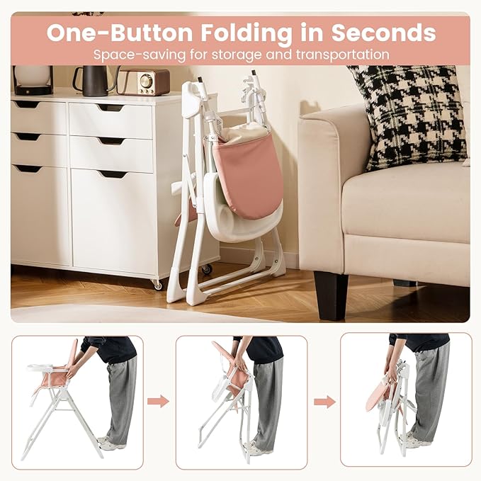 HONEY JOY High Chair, Foldable Baby Feeding Chair, Adjustable Tray & Footrest, Removable Easy-to-Clean PU Seat Cushion, 5-Point Harness, Cup Holder, Highchairs for Babies and Toddlers (Pink)