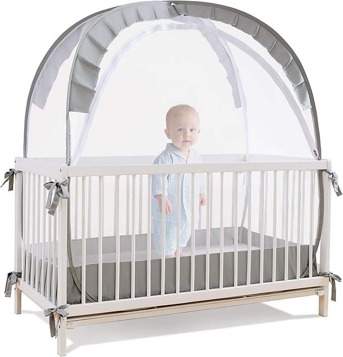 Lazyzzzz Crib Tent, Pop Up Mosquito Crib Net with Double Zipper Self-Locked,1200 Holes/Inch Mesh to Keep Baby from Climbing Out, Portable Easy Install Mosquito Net 55" L x 27" W x 51" H Grey