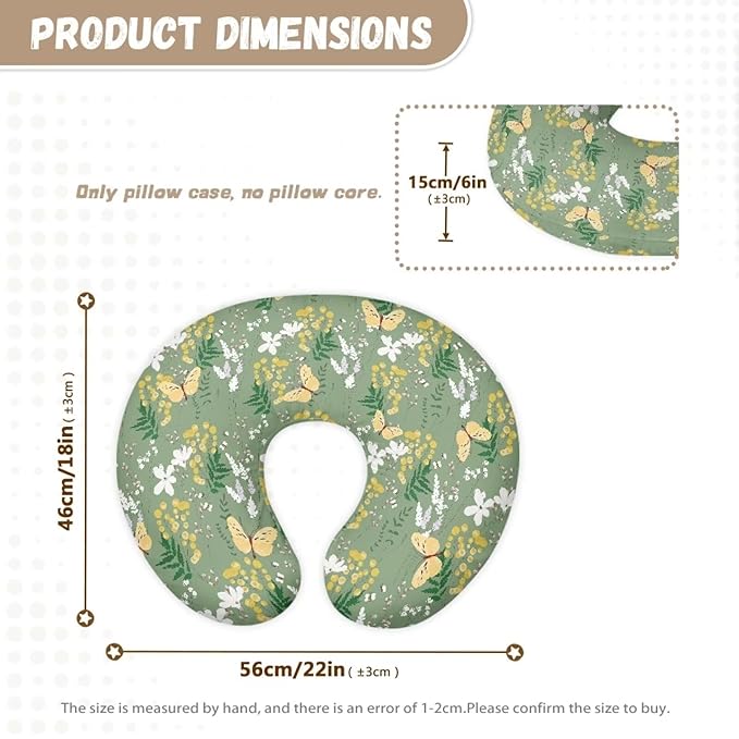 Retro Butterfly and Flower Nursing Pillow Cover for Baby Boy Girl Breastfeeding Slipcover Infant Newborn Nursery Bottle Pillowcase Stretchy Replaceable Pillow Cover Slipcover