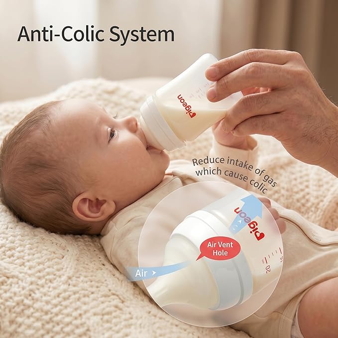 Pigeon PP Nursing Bottle Wide Neck, Anti-Colic, Streamlined Body, Natural Feel, Easy to Clean, 11.2 Oz (Pack of 3), Includes 3pcs L Nipples (6m+)