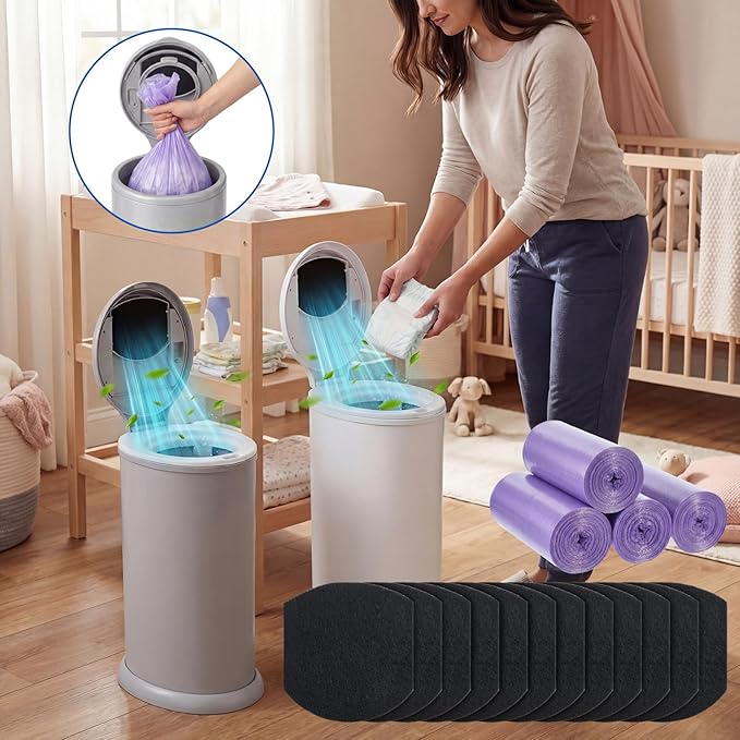 12 Pack Diaper Pail Deodorizer Refill Set Compatible with Ubbi Diaper Pail, 12 Activated Charcoal Filters and 60 Disposable Bags, Odor Absorbing Refills for Baby Nursery Odor Control
