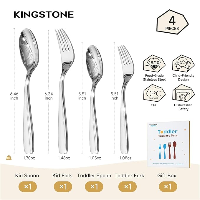 KINGSTONE Toddler & Kids Utensils Set - Large + Small 18/10 Stainless Steel Fork & Spoon, 4-Piece Food-Grade Kids Transition Silverware, Mirror Polished, Dishwasher Safe for Home & School