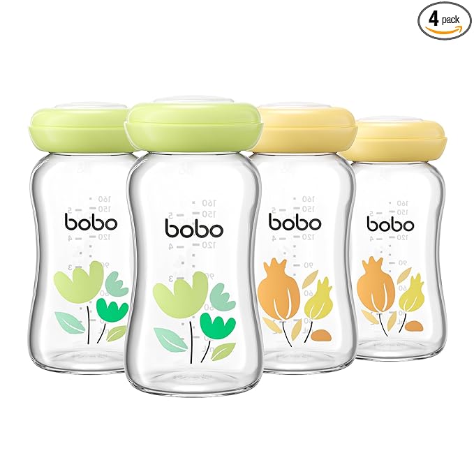 YOHKOH Glass Breast Milk Storage Bottles - 100% Leak-Proof, BPA-Free Breastmilk Storage Containers, Freezer & Dishwasher Safe, Ideal for Nursing Mothers (Multicolor1, 5.4oz (Pack of 4))