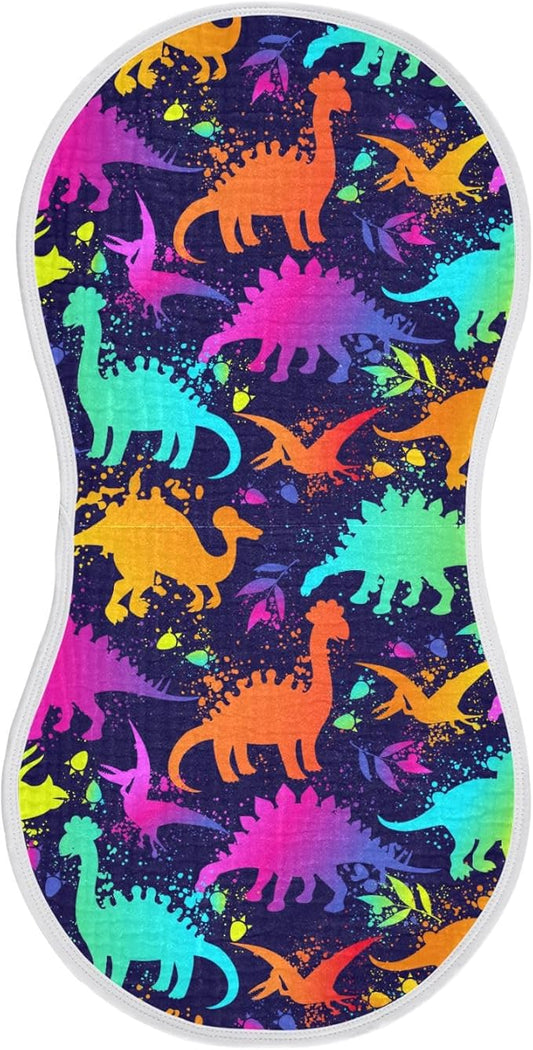 Muslin Burp Cloths for Baby Boys and Girls - 1-Pack Ultra Absorbent Bright Neon Dinosaurs Muslin Washcloths, Newborn Towel, Milk Spit Up Rags, Burp Cloth Bib for Unisex, 22 x 11 Inch