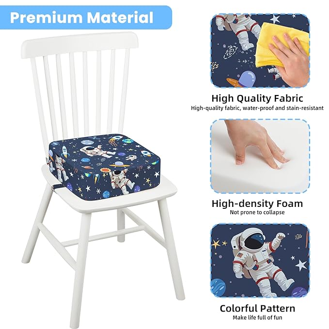 Toddler Booster Seat for Dining Table Kitchen Chair, Kids Booster Seat with Non-Slip Bottom and Adjustable Straps, 4" Detachable Washable Portable Travel Increasing Cushion (Astronaut)