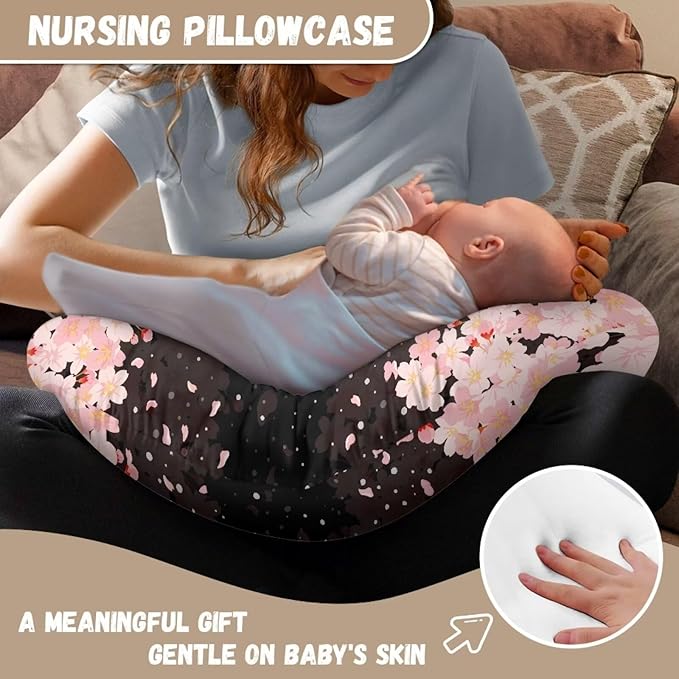 Cherry Blossom Nursing Pillow Slipcover Dustproof Skin-Friendly Nursing Pillow Cover Stretchy Removable Bottle and Breastfeeding Cover for Boys and Girls
