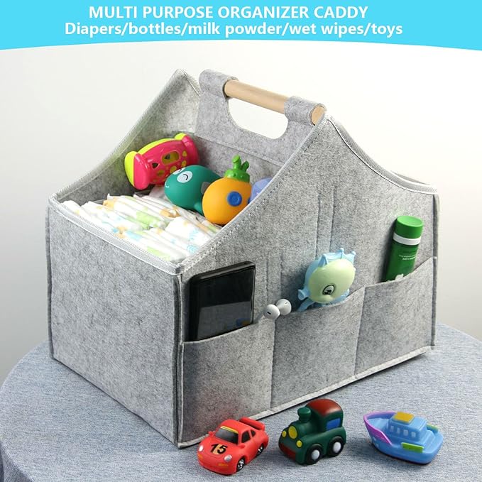 Baby diaper caddy organizer, car felt caddy, baby product storage basket, solid wood handle, detachable partition storage basket for daycare,Best Gift Basket for Babies (grey)
