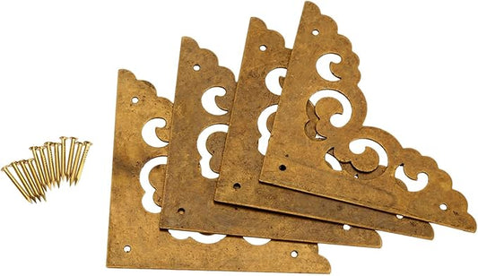 dophee 4Pcs 2.5" Brass Flat Corners Bracket, Retro Table Corner Cover Protectors for Box Cabinet Desk Book Frame Scrapbook Album Bookshelf Decoration Furniture Hardware with Nails, Antique Brass