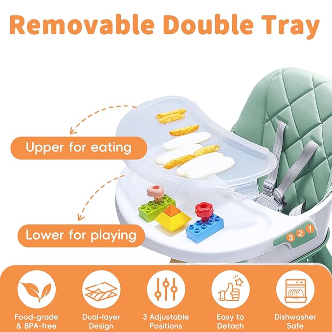 Babyliebe Baby High Chair, 8 in 1 Convertible Wooden High Chair for Babies and Toddlers, Converts to Booster Seat, Toddler Chair & Stool, with Removable Double Tray, Adjustable Legs & Footrest (Green)