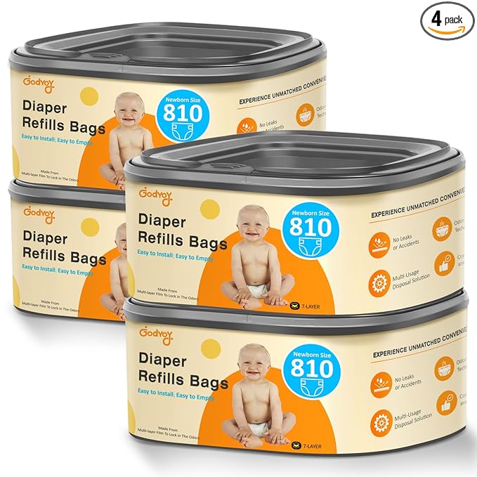 Jumbo Square Diaper Bags Refill Compatible with Diaper Genie Classic/Compact/Select Pails, Holds up to 810 Newborn-Sized Diapers, Odor Control & Durable Disposal Refill, Plant Scented, Pack of 4