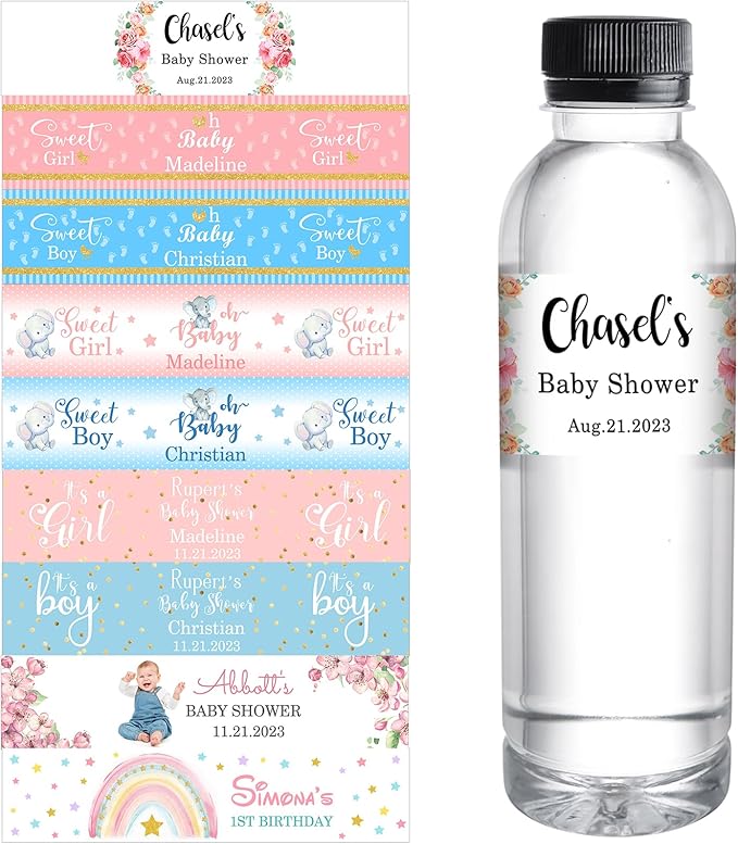 Personalized Water Bottle Labels for Baby Shower Custom Baby Shower Labels with Name for Water Bottle Stickers Waterproof Printable Photo Bottle Labels Gifts 50 Pcs