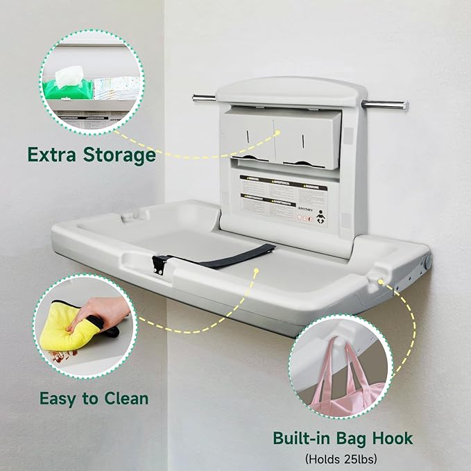 anydry Baby Changing Station Wall-Mounted, Foldable Diaper Changing Table with Safety Straps for Commercial Bathroom, in Elegant Grayish White