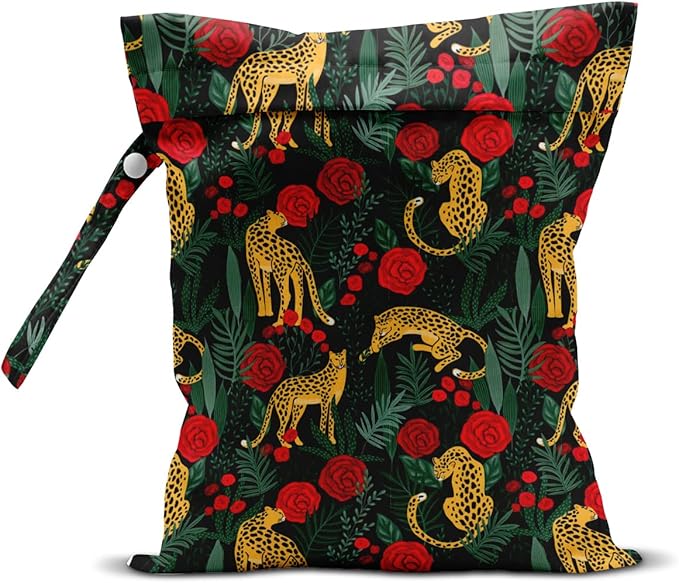Wet Dry Bag, Wet Bag for Swimsuit, Travel, Beach, Pool, Diapers, Dirty Gym Clothes, Makeup Bag, Camping Accessories, Waterproof Reusable Jungle Tropical Leaves Cheetah Print
