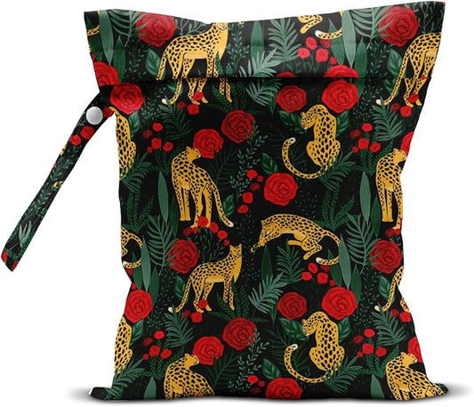 Wet Dry Bag, Wet Bag for Swimsuit, Travel, Beach, Pool, Diapers, Dirty Gym Clothes, Makeup Bag, Camping Accessories, Waterproof Reusable Jungle Tropical Leaves Cheetah Print