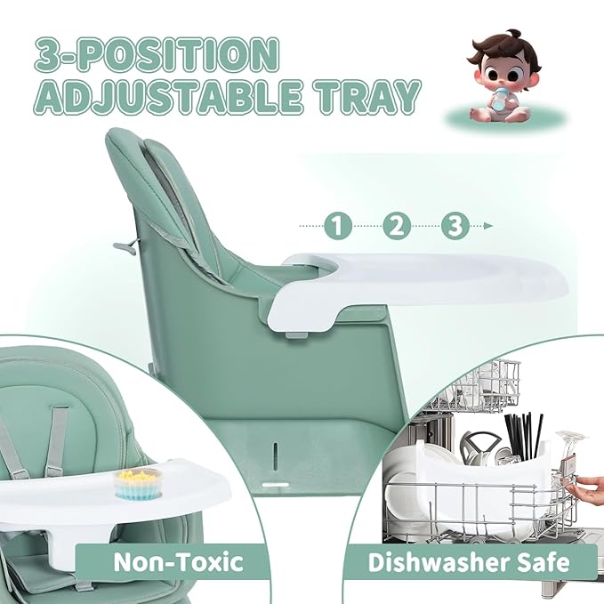 Kinder King 8 in 1 Baby High Chair, Coverts to Dining Booster Seat/Kids Table & Chair Set/Toddler Building Block Table/Kids Stool, Removable Tray & Double Seat Cover, Easy to Wipe, Green & White
