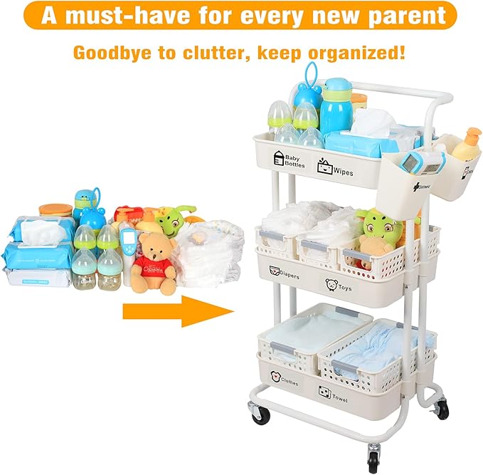 Baby Diaper Caddy Organizer Cart, 3-Tier Mobile Utility Rolling Cart with Baskets and Hanging Cups, Large Capacity Baby Essentials Storage Cart for Nursery, Changing Table & Crib, Easy to Assemble