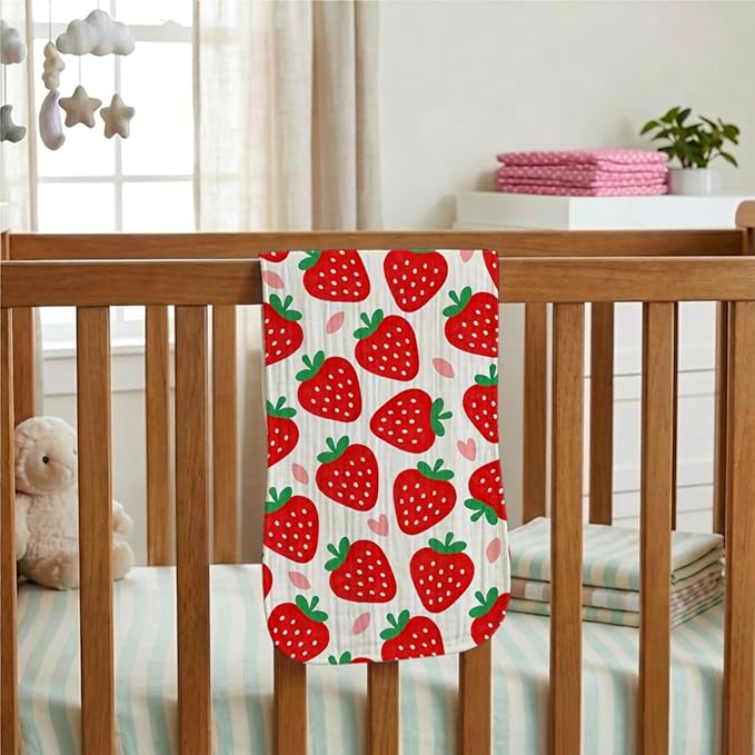 5 Pack Baby Burp Cloths, Soft Cotton Sweet Strawberry & Berry Harvest Theme Burp Cloths, Super Absorbent Cute Gingham & Fruit Print Washcloths, Newborn Baby Essentials Gift Set