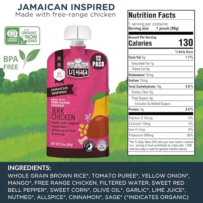 Li'l Hala Chicken Baby Food Meat Pouch | Caribbean Chicken (12ct) | 6+ Months Savory Baby Food Pouches with Protein and Organic Veggies, Toddler Snacks with Iron & Fiber | Stage 2 Meat Puree