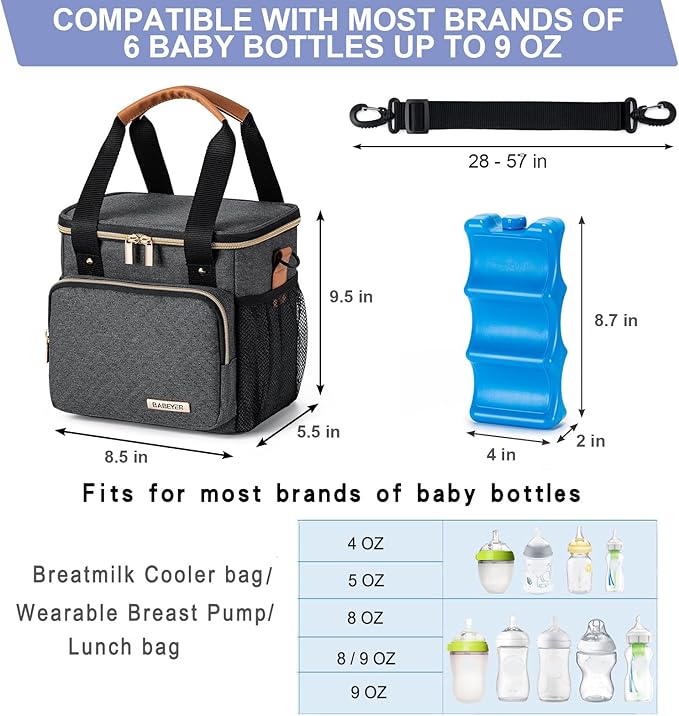 Breastmilk Cooler Bag with Ice Pack Fits 6 Baby Bottles up to 9 Ounce, Breast Milk Pump Cooler Bag for Nursing Mom Daycare, Work, Travel-Dark Grey