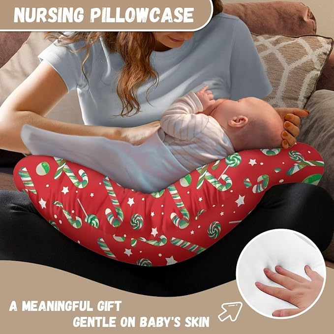Christmas Green and Red Cane Nursing Pillow Cover for Baby Boy Girl Newborn U-Shaped Breastfeeding Pillowcase Cushion Cover Easy to Use and Dustptoof Xmas Decor