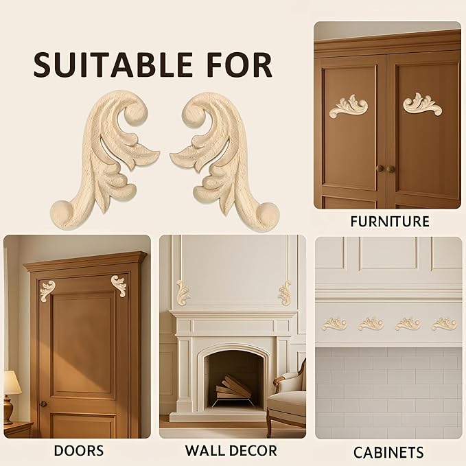 8Pcs Decorative Wood Flower Carved Appliques Corner Onlay 2.1×4.1inch DIY Unpainted Wooden Carved Corner Decal for Furniture Wardrobe Mirror Photo Frame Closet Decoration