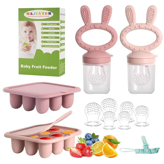 Baby Breastmilk Popsicle Molds & Baby Fruit Feeder (4 Pack), Infant Food Freezer Tray Storage Containers, Silicone Teething Pacifier Feeder and Teether for Babies（Pink&Purple）