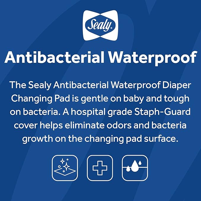 Sealy Baby Antibacterial Waterproof 2 Sided Contoured Diaper Changing Pad for Dresser or Table, Durable Easy to Clean Surface, Supportive Soybean Enhanced Foam, Made in USA, White, 32x16"