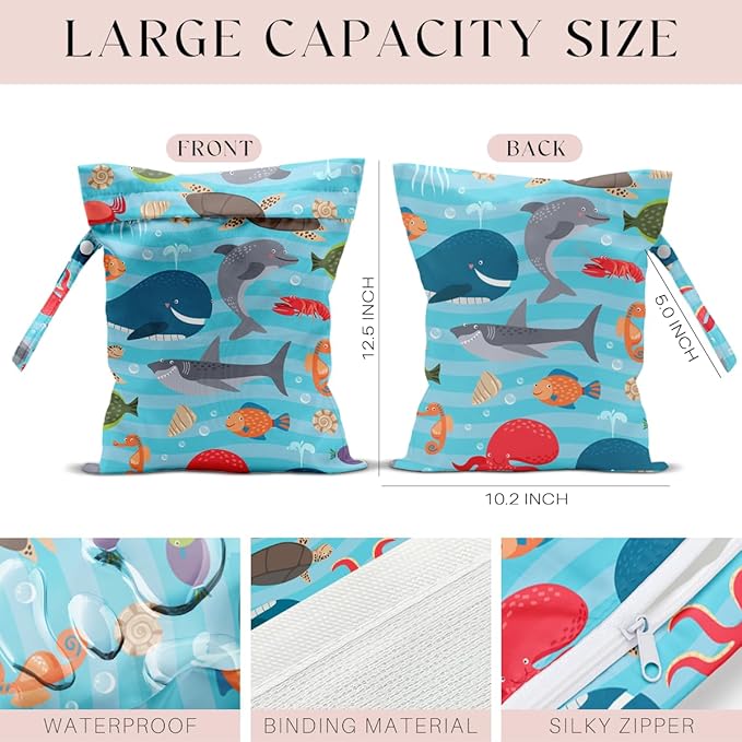 Wet Bag, Wet Dry Bag, Waterproof Swim Bags, Machine Washable Reusable Bags for Beach, Pool, Diapers, and Dirty Yoga Gym Clothes(Large Ocean Animals Cartoon Print