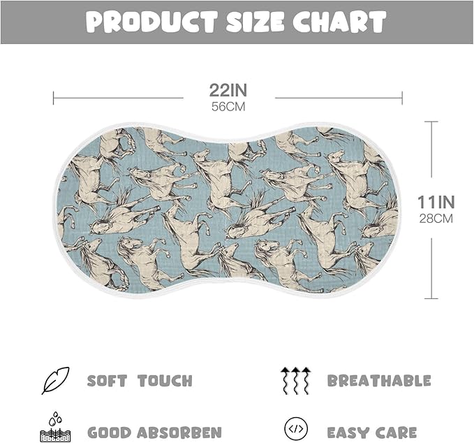 Muslin Burp Cloths for Baby Boys and Girls - 1-Pack Ultra Absorbent Beige Horses Muslin Washcloths, Newborn Towel, Milk Spit Up Rags, Burp Cloth Bib for Unisex, 22 x 11 Inch