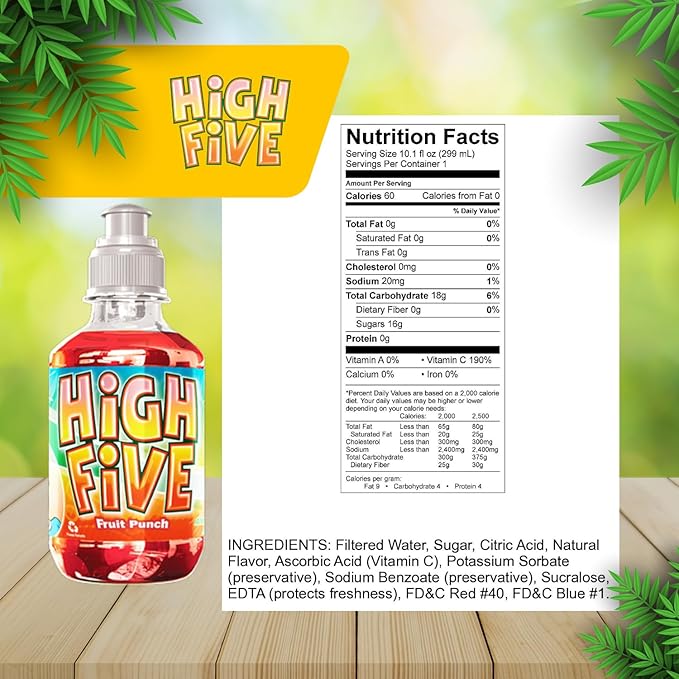 High Five Juice Drink – Fruit Punch - 10.1 oz Bottles, Naturally Sweetened with Vitamin C, Low-Calorie Fruit Juice Beverages with Spill Proof Sports Cap 10.1 Ounce (Pack of 24)