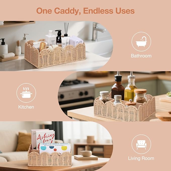 Wicker Diaper Caddy Organizer, Nursery Storage Basket for Diapers and Baby Wipes, Baby Essentials Organizer for Changing Table, Splinter Free Rattan Style (Natural, L)