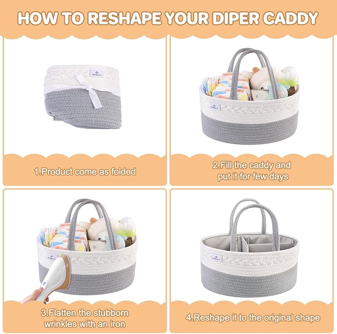 PHILORN Diaper Caddy Organizer, Cotton Rope Diaper Caddy Basket, Woven Diaper Caddy with Dividers, Nursery Storage Basket for Changing Table, Car Diaper Caddy, Baby Shower Gifts